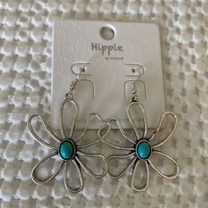 Hippie BOHo Silver Floral Hoop Earrings with Turquoise Centers